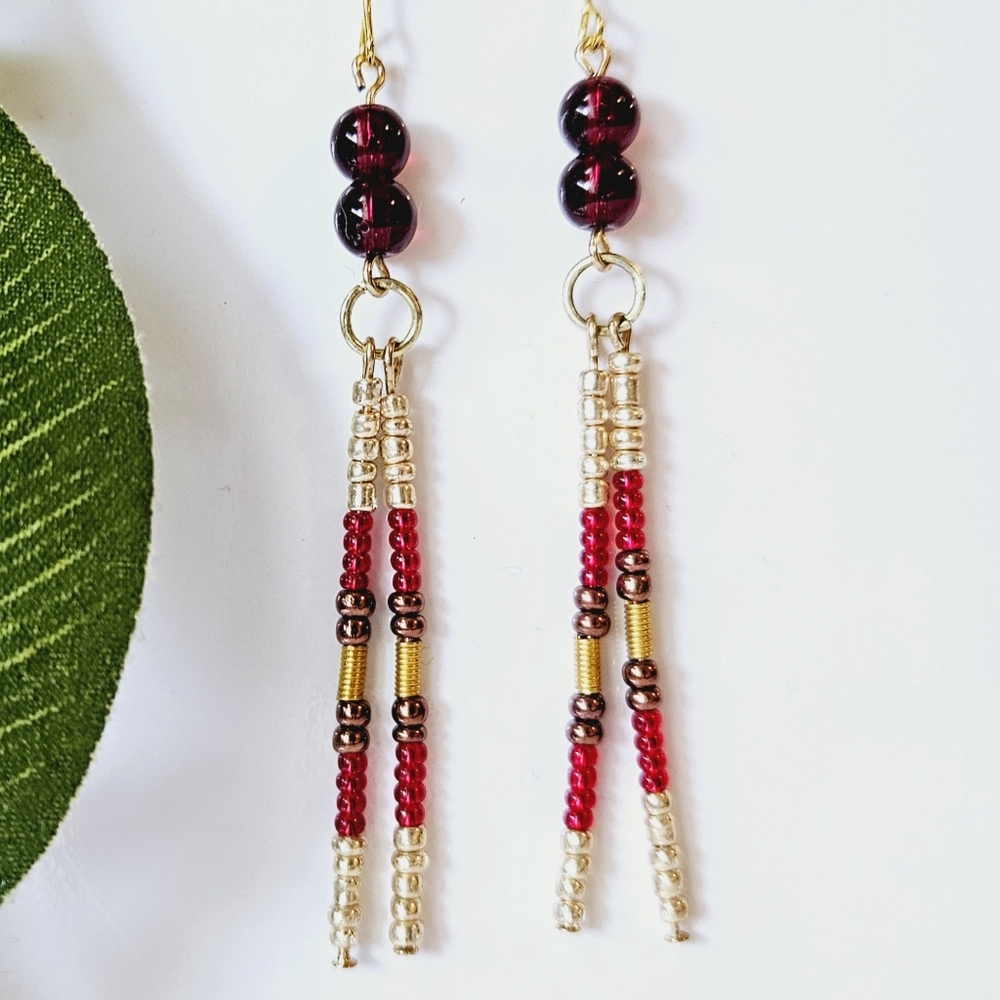 2/$27 | Burgundy Beaded Indigenous Native Fringe Earrings | Handmade Jewelry